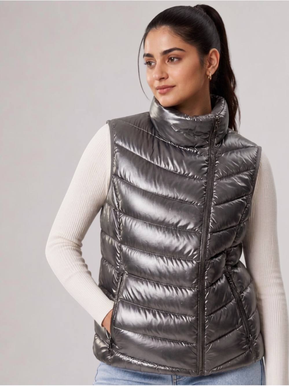 Calvin Klein Metallic Gray Quilted Asymmetrical Puffer Vest Women XL